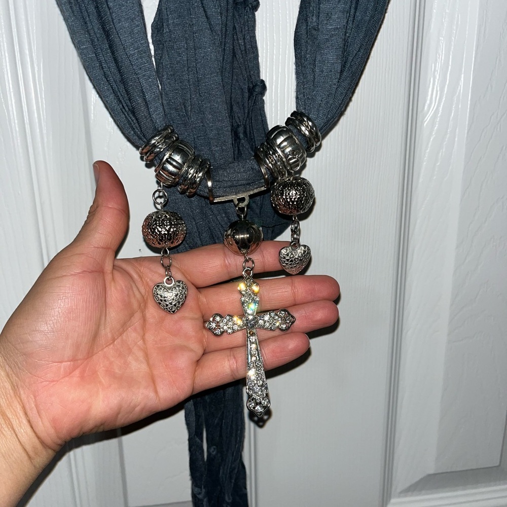 Silver Cross Pendant Scarf Necklace